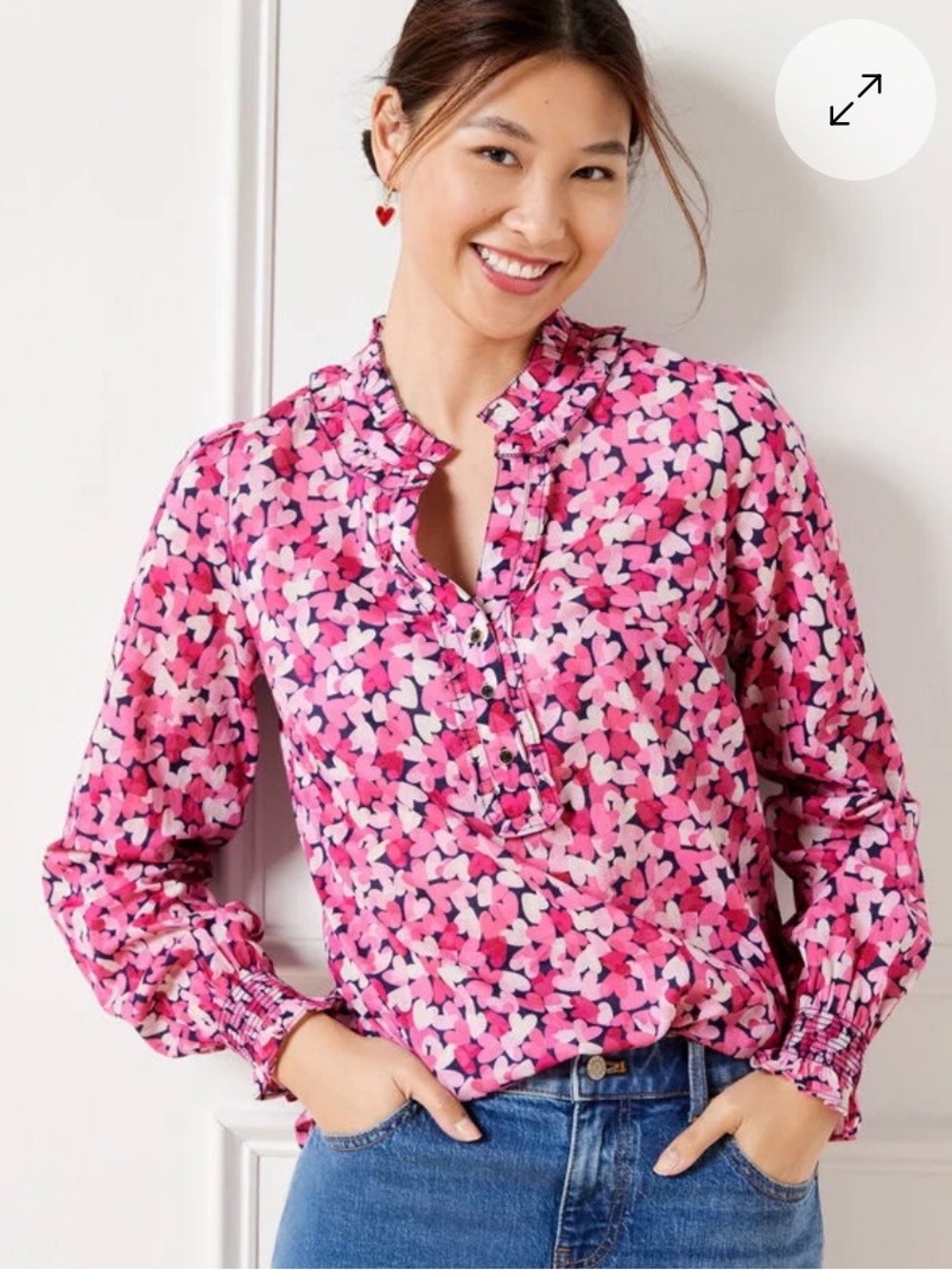 Talbots Smoked Cuff Ruffle Blouse Blended Hearts. Ruffle-Neck